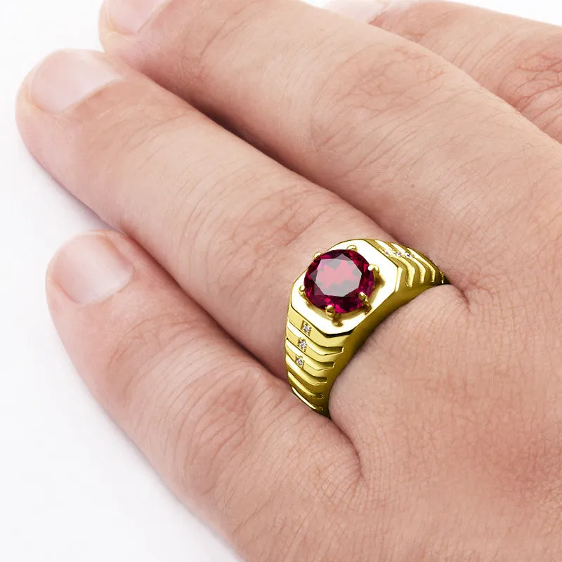 10k Yellow Gold Men's Ring with Ruby Gemstone and Genuine Diamonds