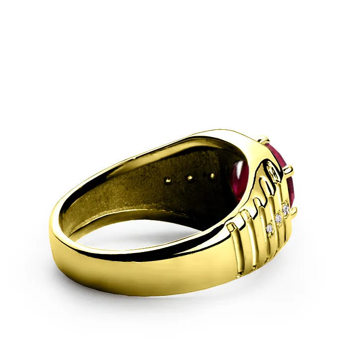 10k Yellow Gold Men's Ring with Ruby Gemstone and Genuine Diamonds