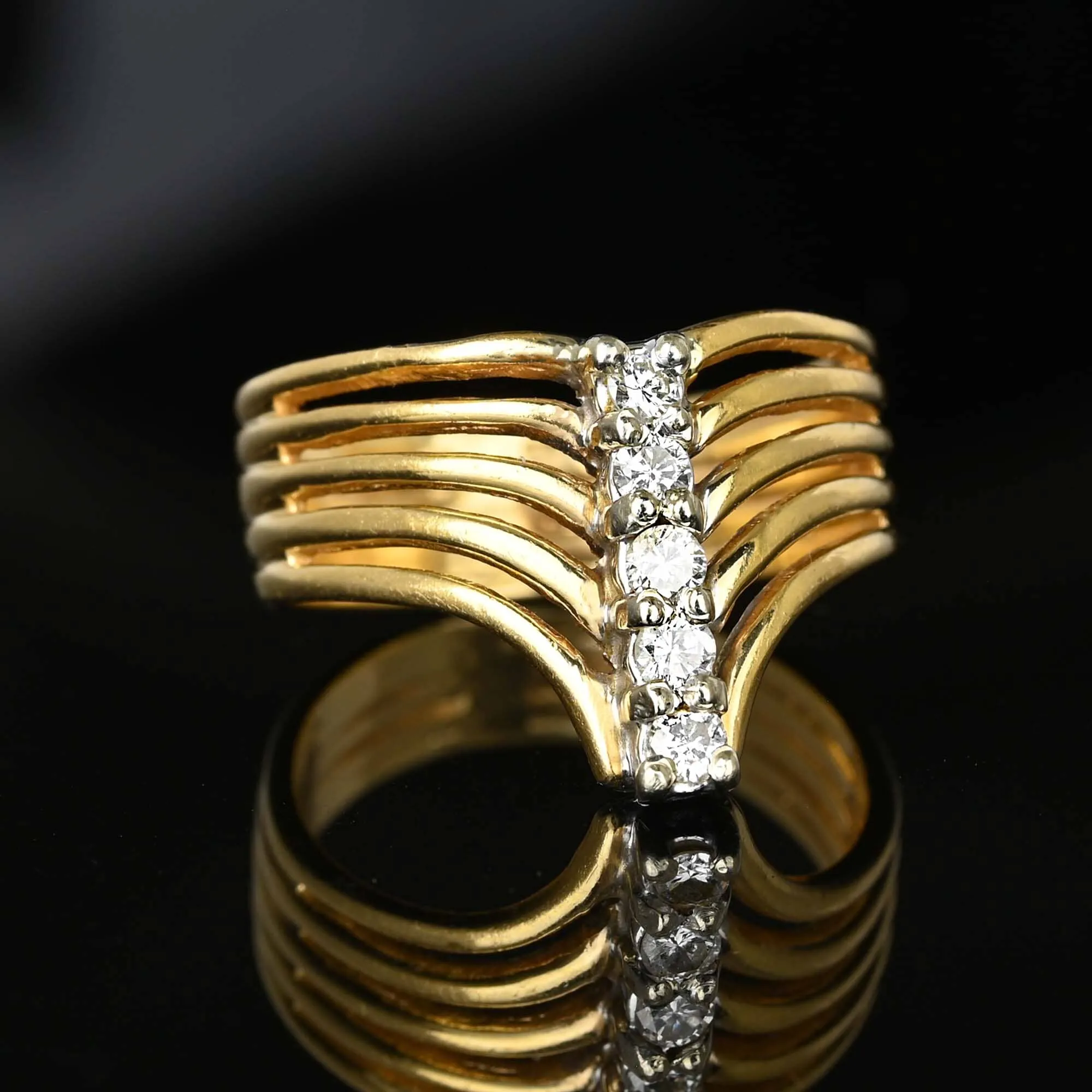 14K Gold Five Row Diamond Chevron Cocktail Ring