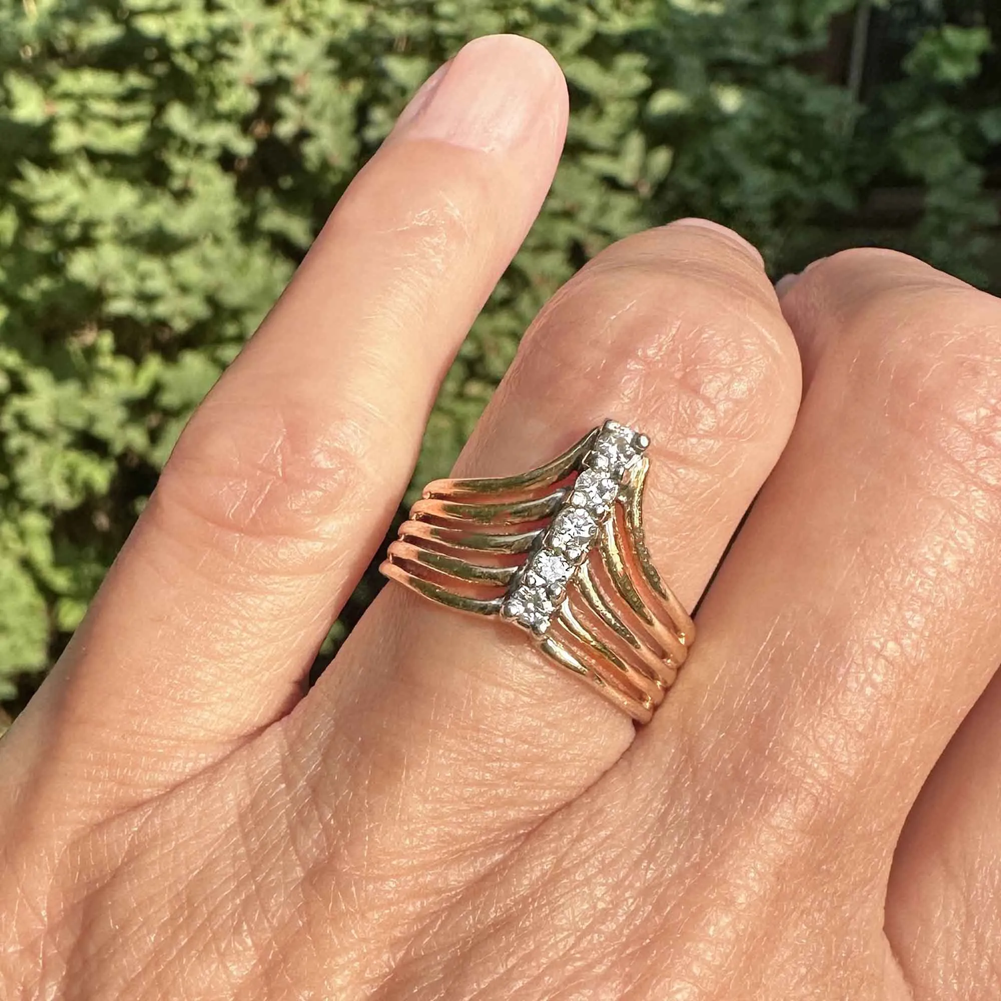 14K Gold Five Row Diamond Chevron Cocktail Ring