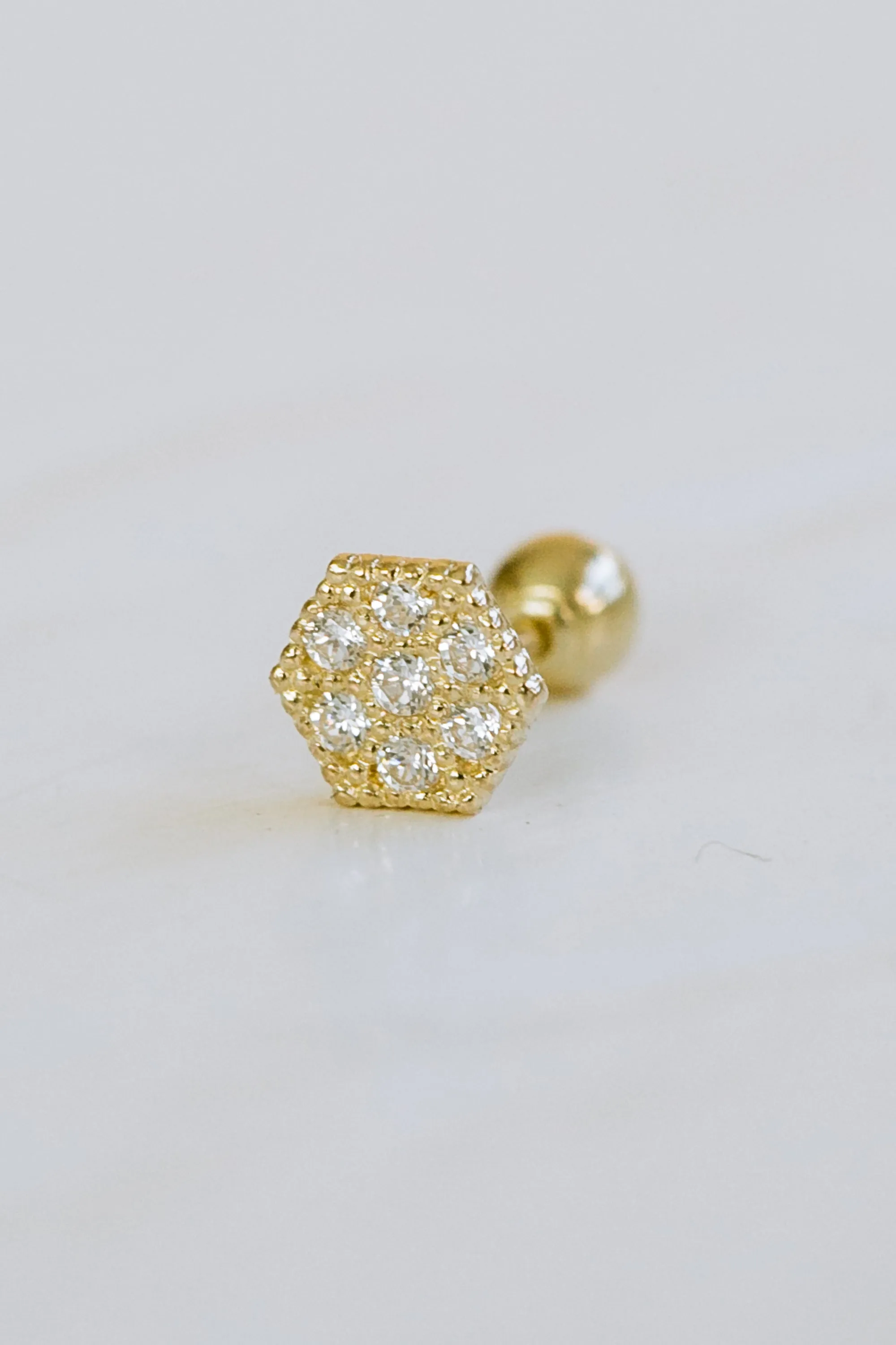 14K GOLD JEWELRY MINIMALIST DELICATE CZ HEXAGON BARBELL EAR STUD EARRING PIERCING