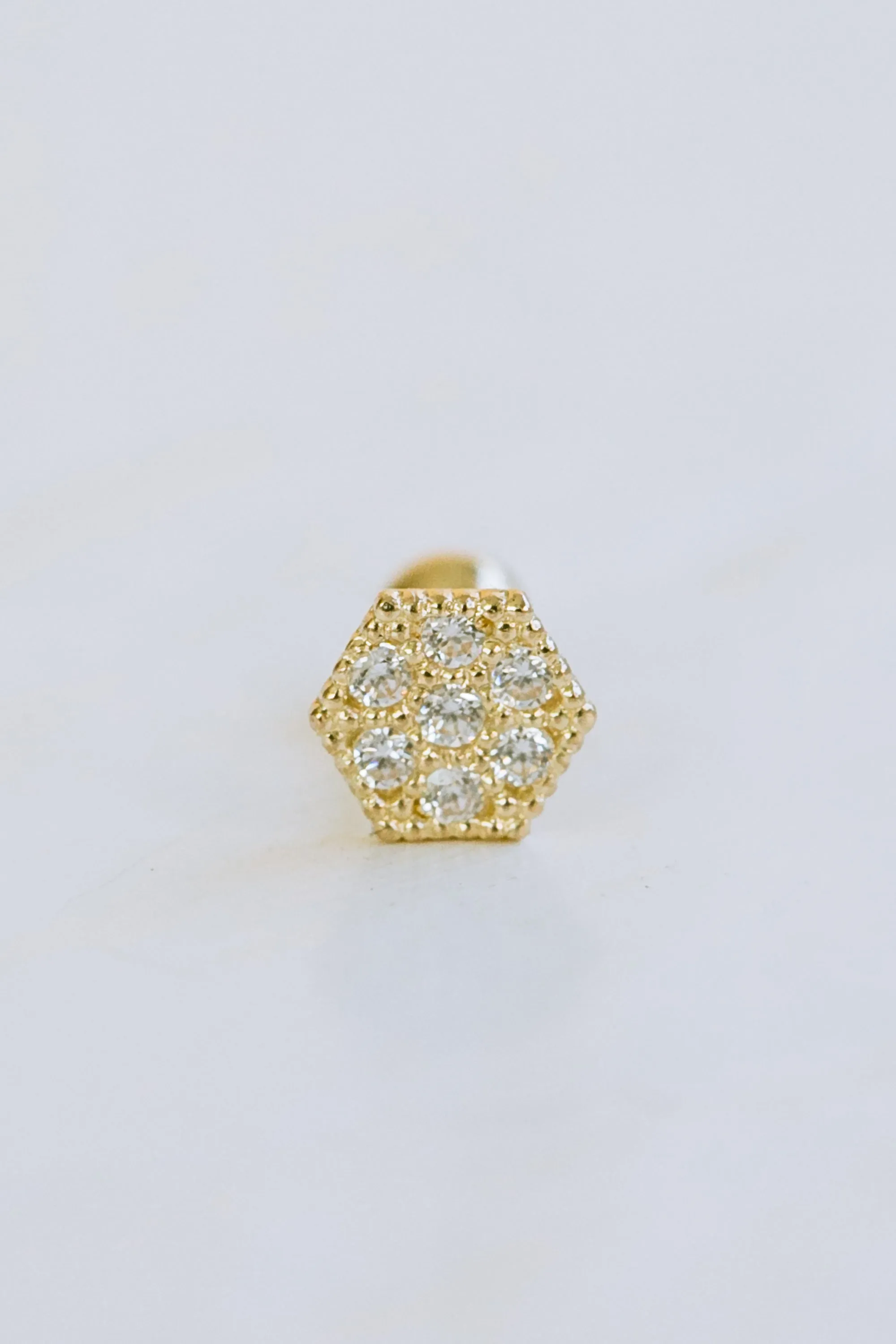 14K GOLD JEWELRY MINIMALIST DELICATE CZ HEXAGON BARBELL EAR STUD EARRING PIERCING