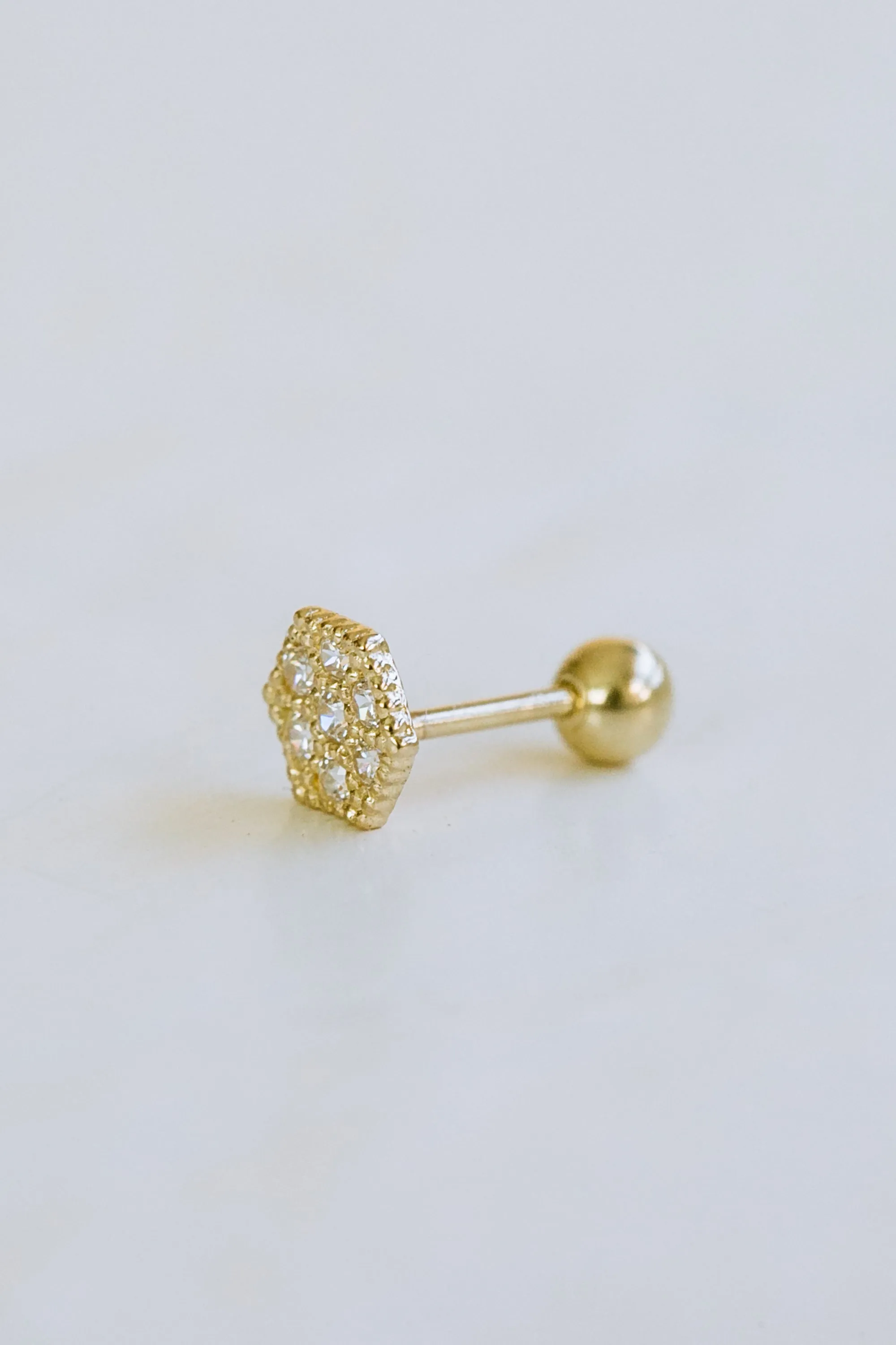 14K GOLD JEWELRY MINIMALIST DELICATE CZ HEXAGON BARBELL EAR STUD EARRING PIERCING