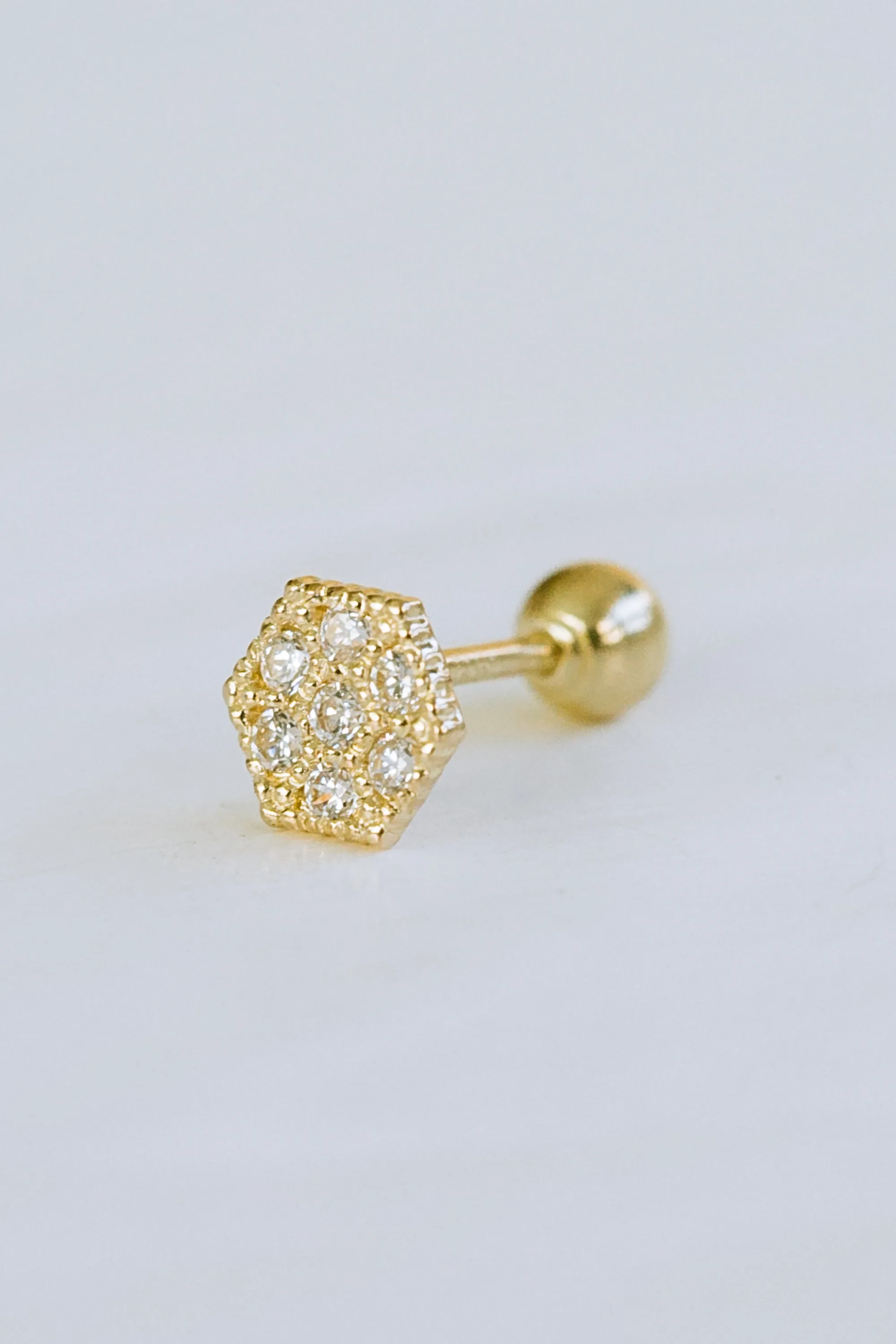 14K GOLD JEWELRY MINIMALIST DELICATE CZ HEXAGON BARBELL EAR STUD EARRING PIERCING