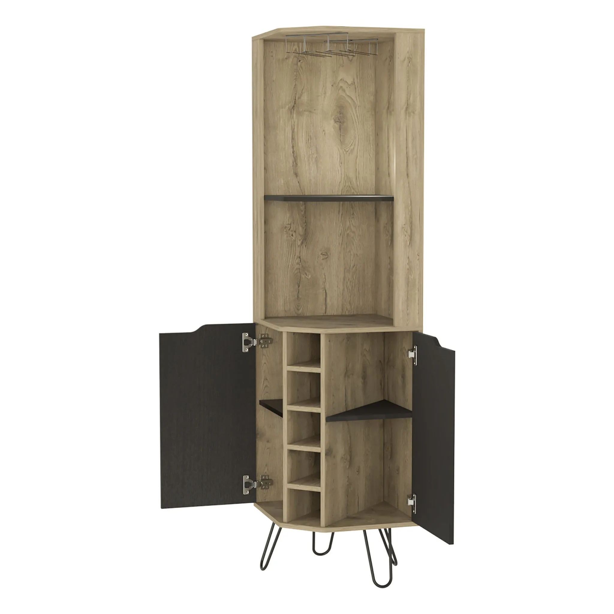 18 Brown and Black and Brown Corner Bar Cabinet With Eleven Shelves