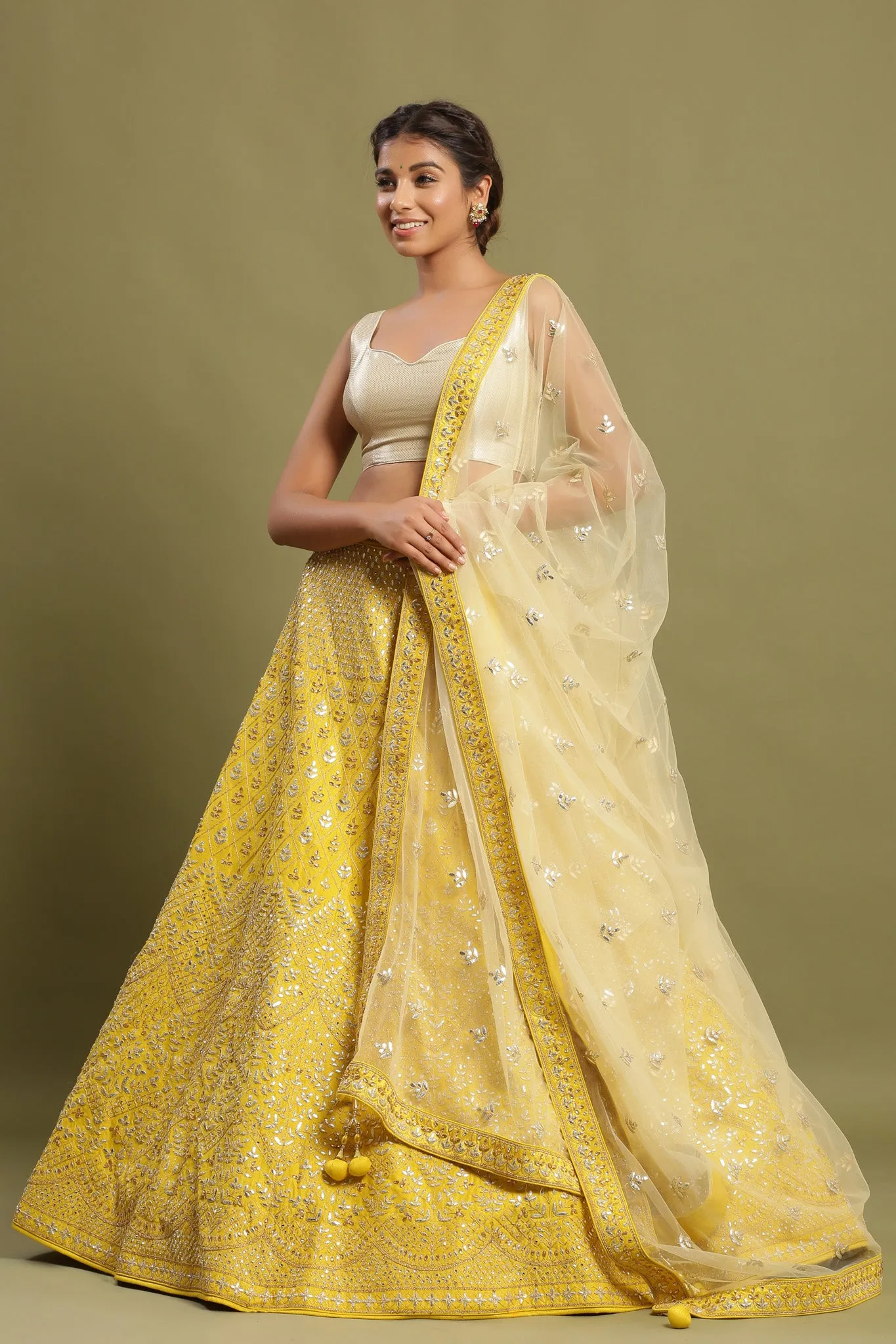 30Z217A-RO Yellow Embroidered Gotta Patti Lehenga with Net Dupatta