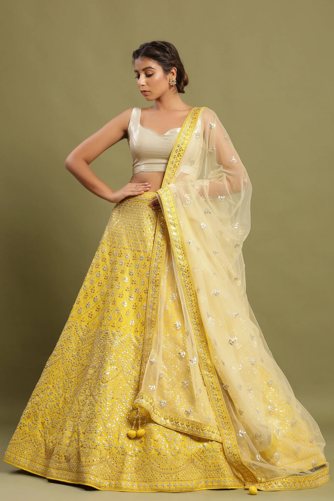 30Z217A-RO Yellow Embroidered Gotta Patti Lehenga with Net Dupatta