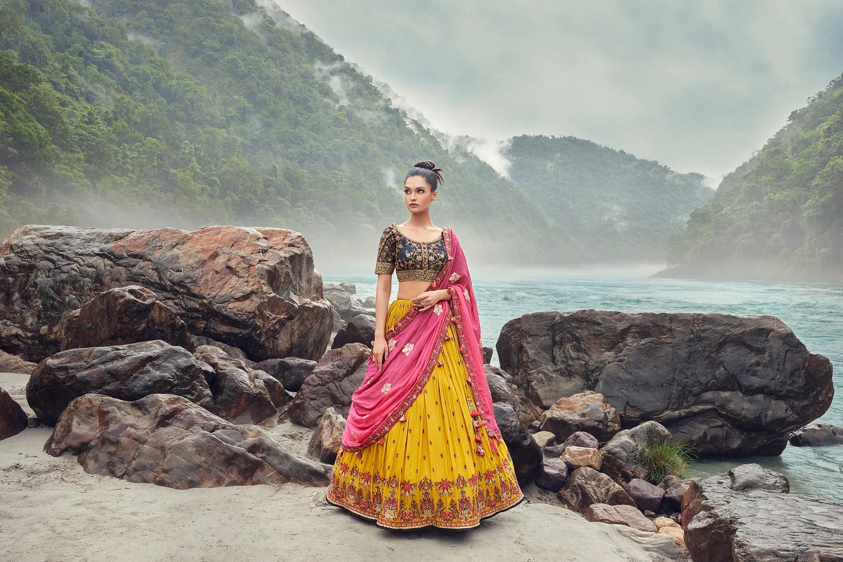 30Z279-RO Yellow Lehenga with Pink Dupatta