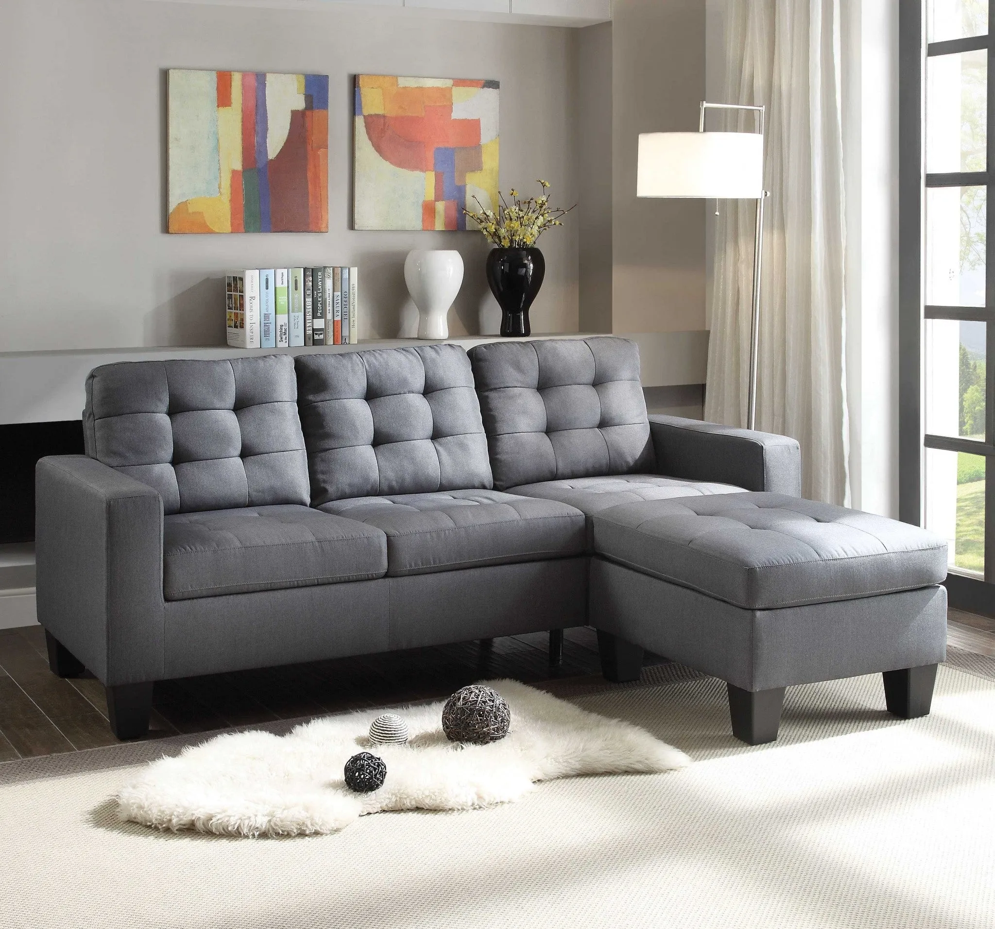 32 Gray And Black Linen Sofa With Ottoman