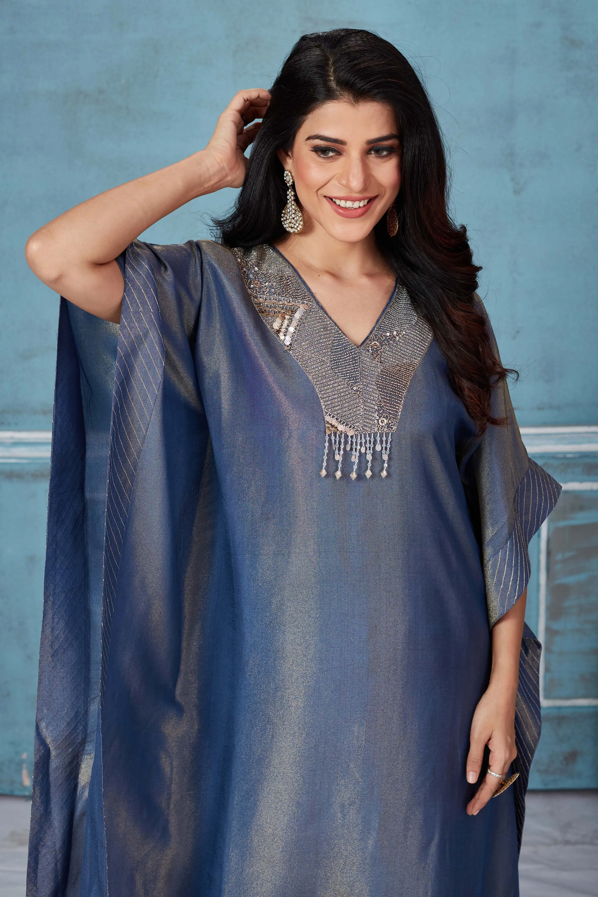 52A162 Blue Embroidered Tissue Georgette Kaftan And Pant Set