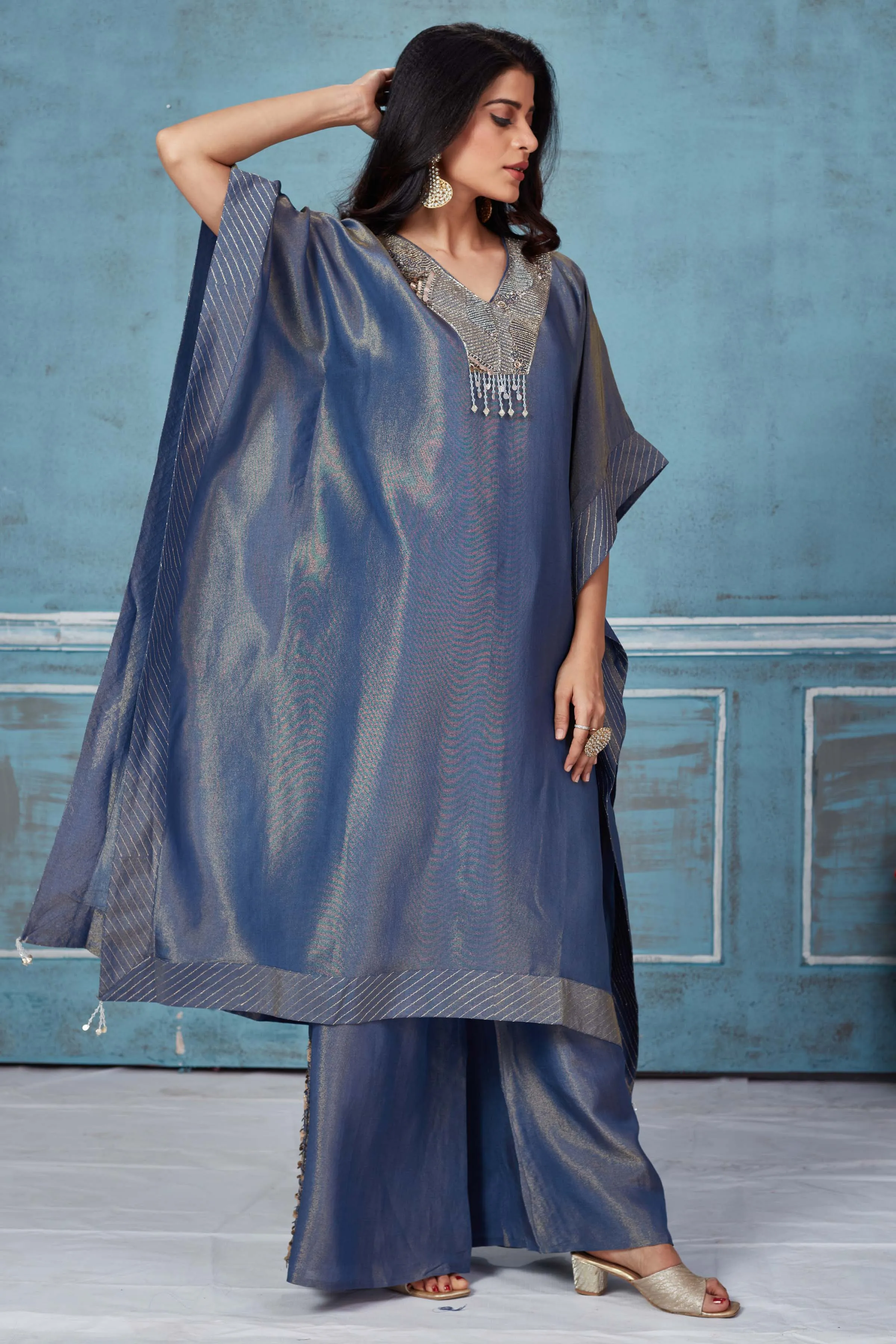 52A162 Blue Embroidered Tissue Georgette Kaftan And Pant Set