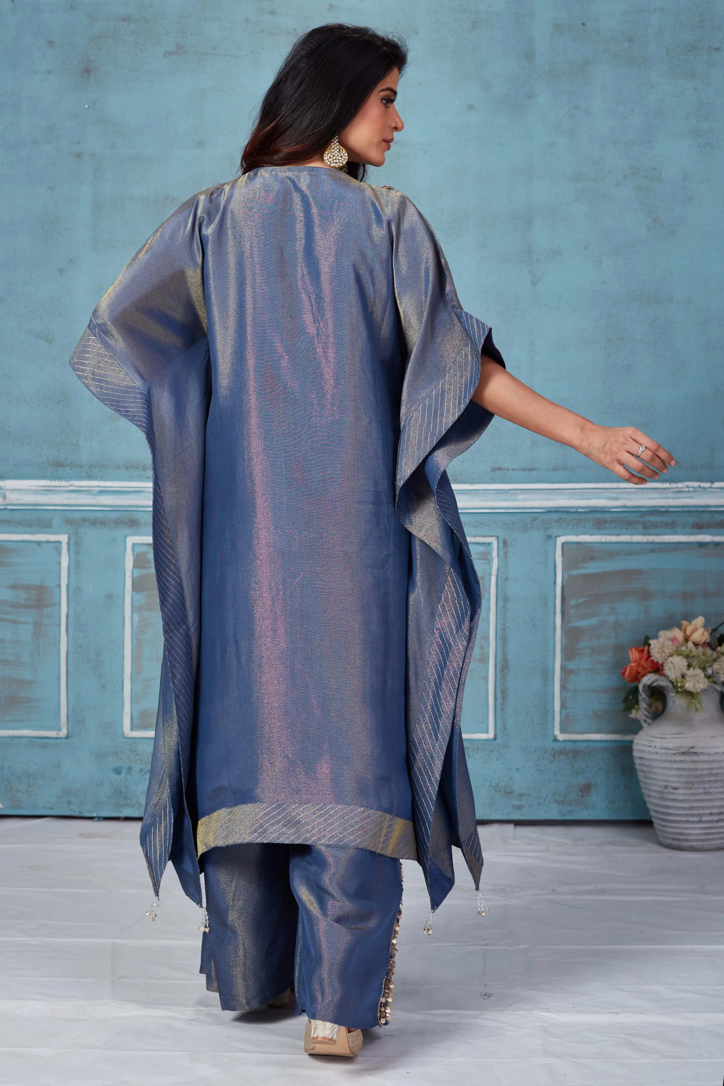 52A162 Blue Embroidered Tissue Georgette Kaftan And Pant Set