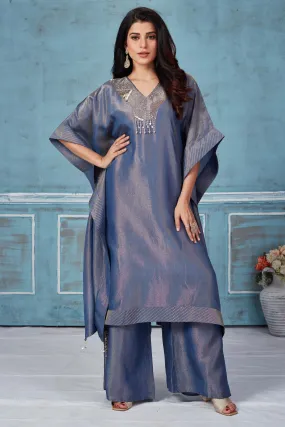 52A162 Blue Embroidered Tissue Georgette Kaftan And Pant Set