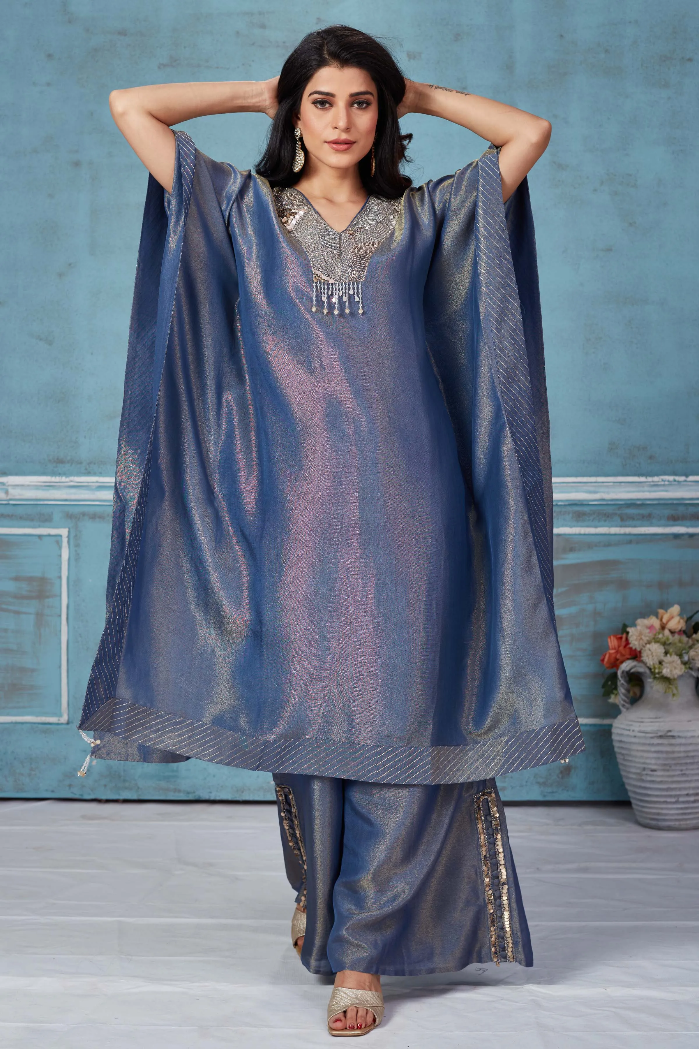 52A162 Blue Embroidered Tissue Georgette Kaftan And Pant Set