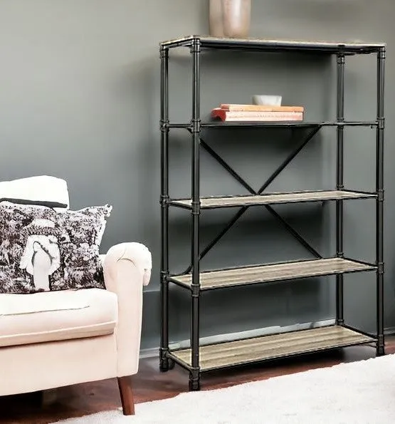 71 Antique Oak And Gray Distressed Four Tier Bookcase