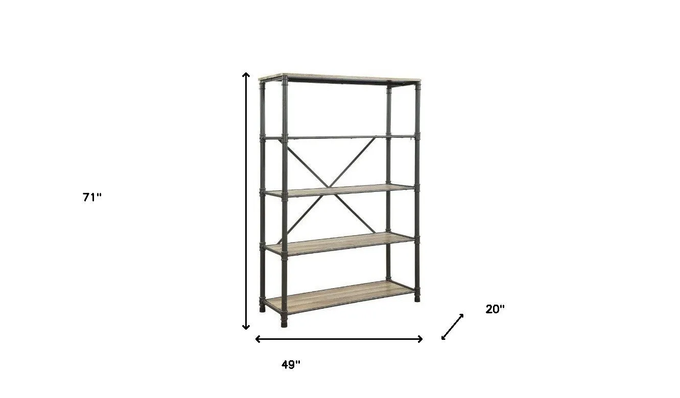 71 Antique Oak And Gray Distressed Four Tier Bookcase