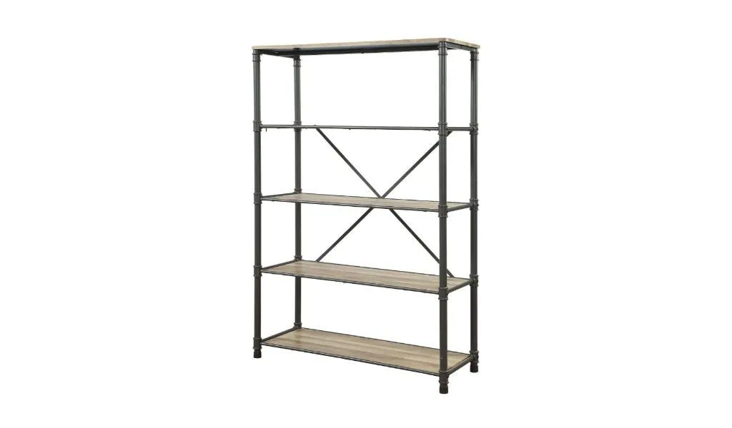 71 Antique Oak And Gray Distressed Four Tier Bookcase