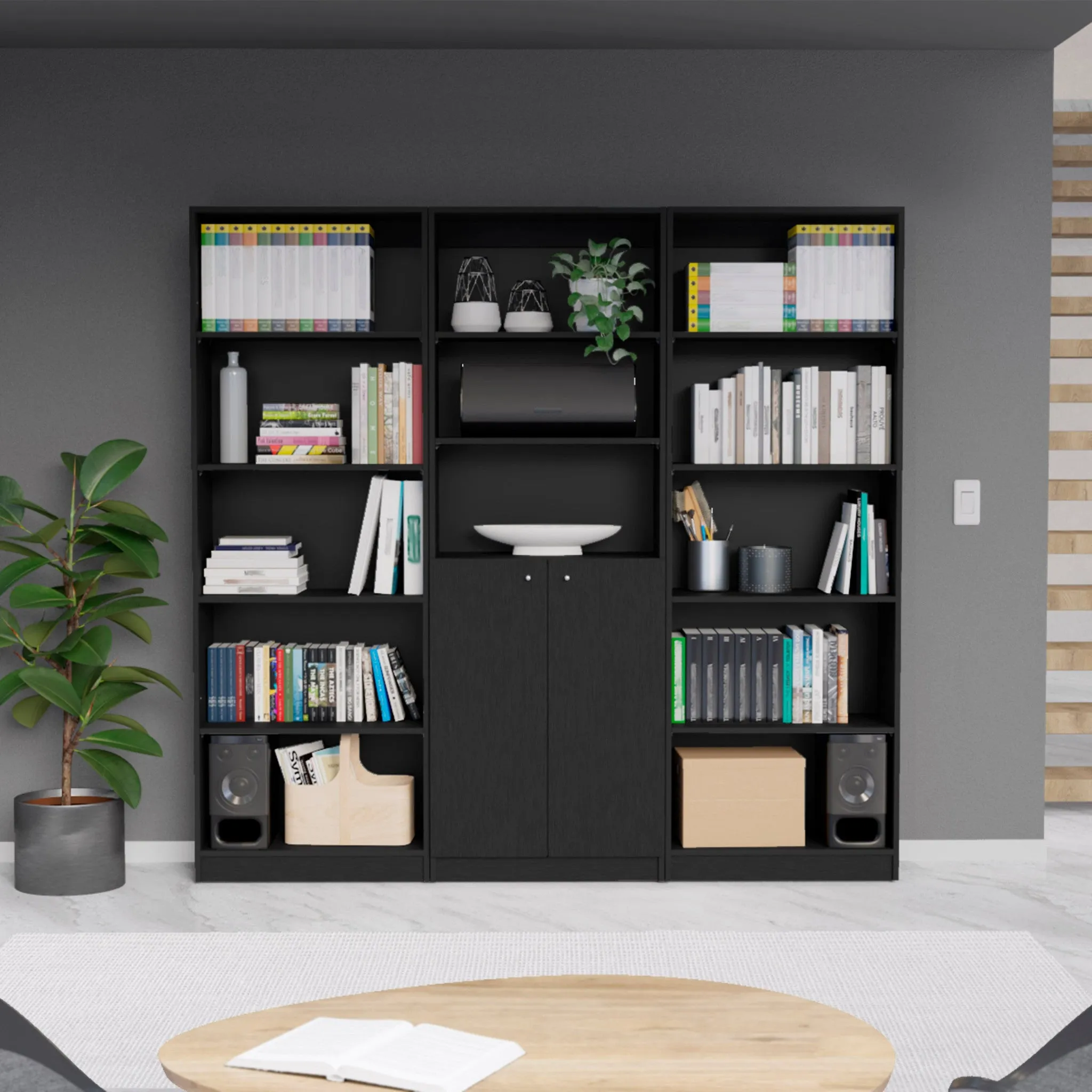 71 Black Five Tier Bookcase with Two doors