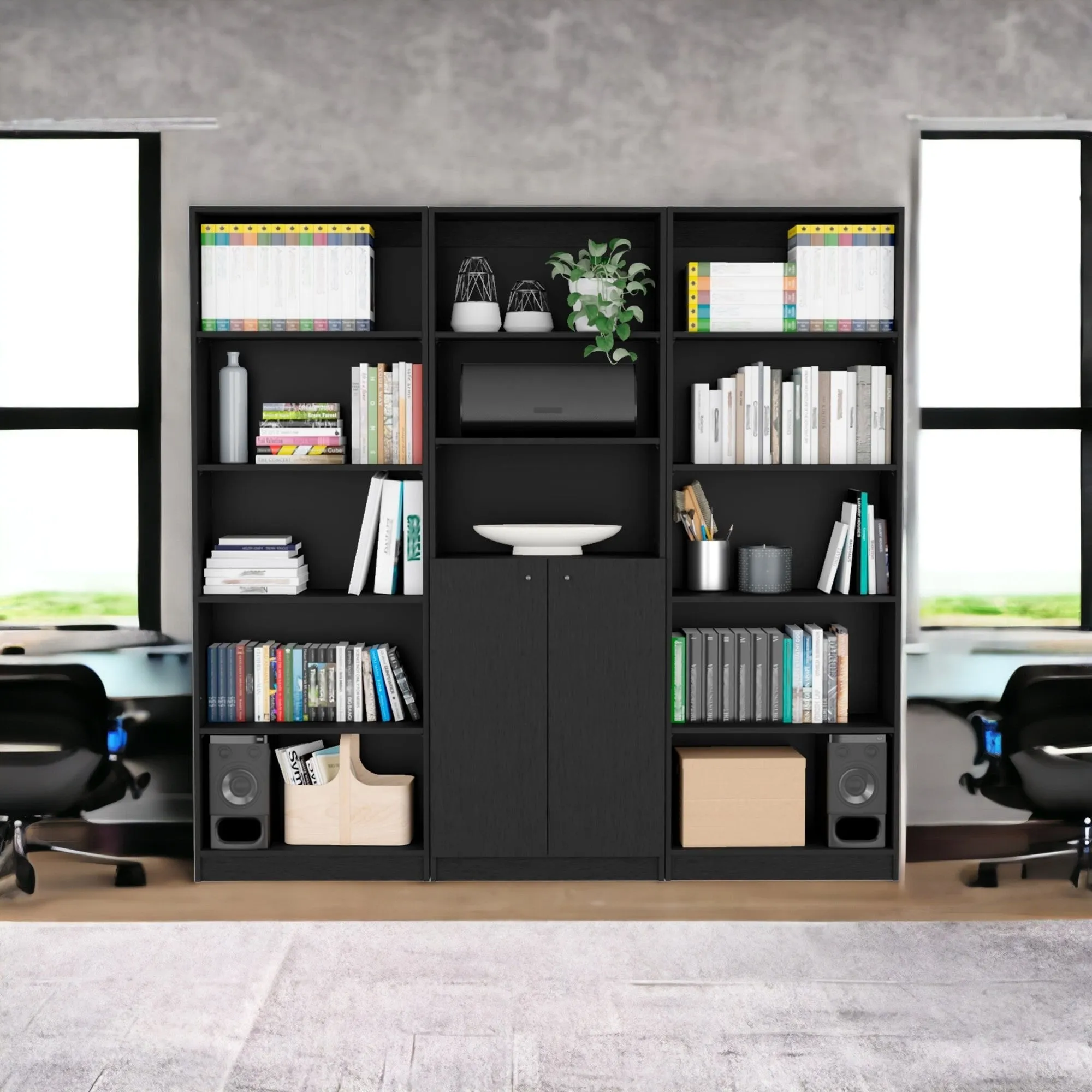 71 Black Five Tier Bookcase with Two doors