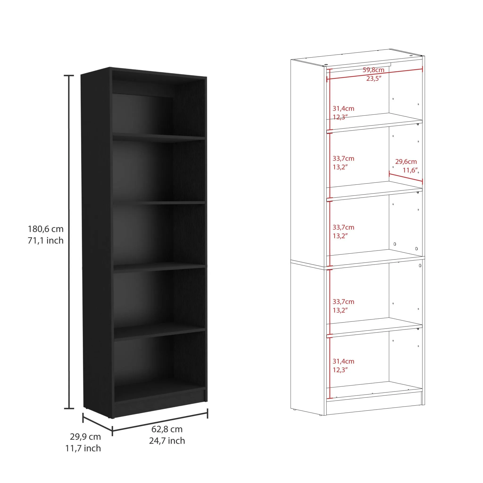 71 Black Five Tier Bookcase with Two doors