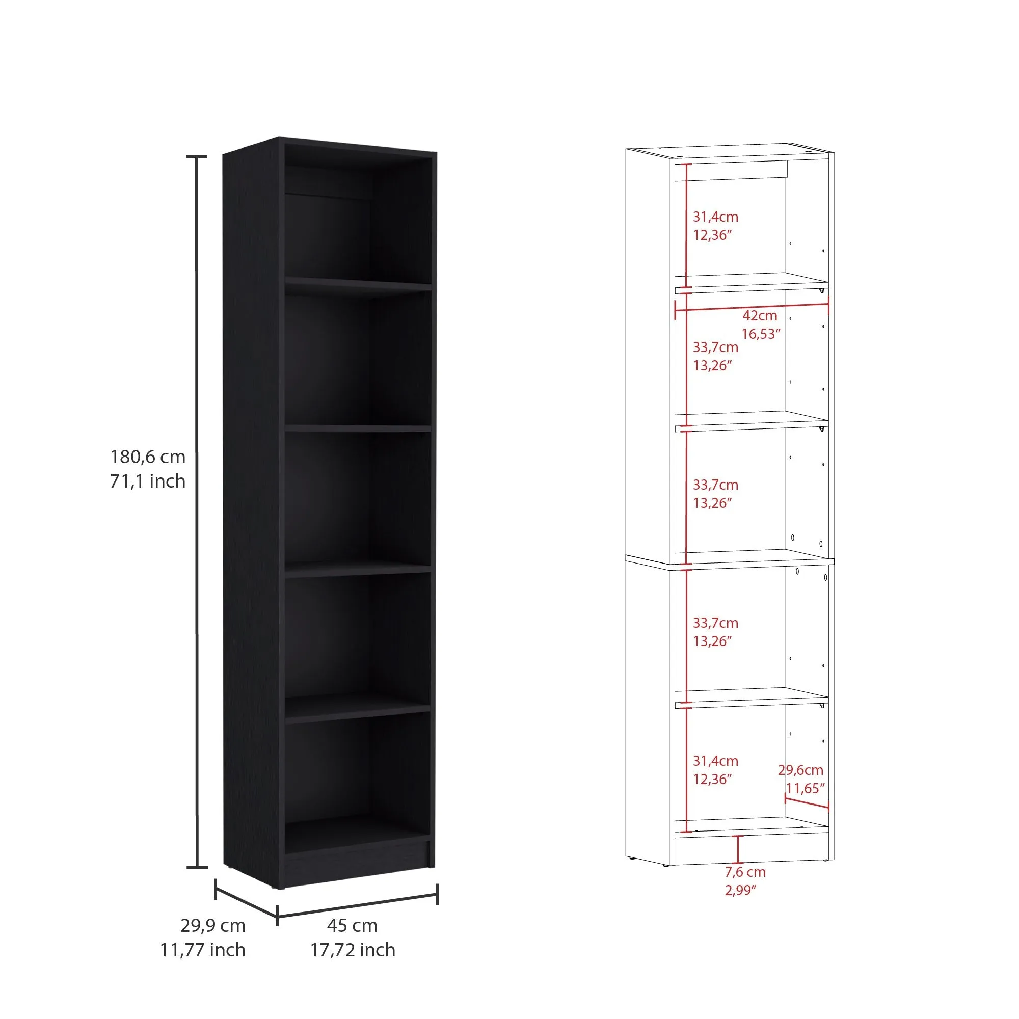 71 Black Five Tier Bookcase