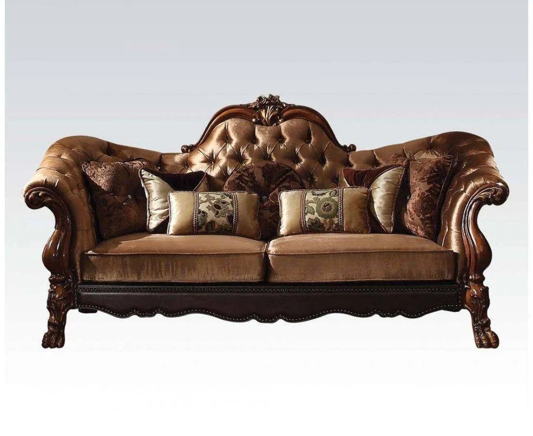 73 Dark Brown And Brown Velvet Chesterfield Loveseat and Toss Pillows