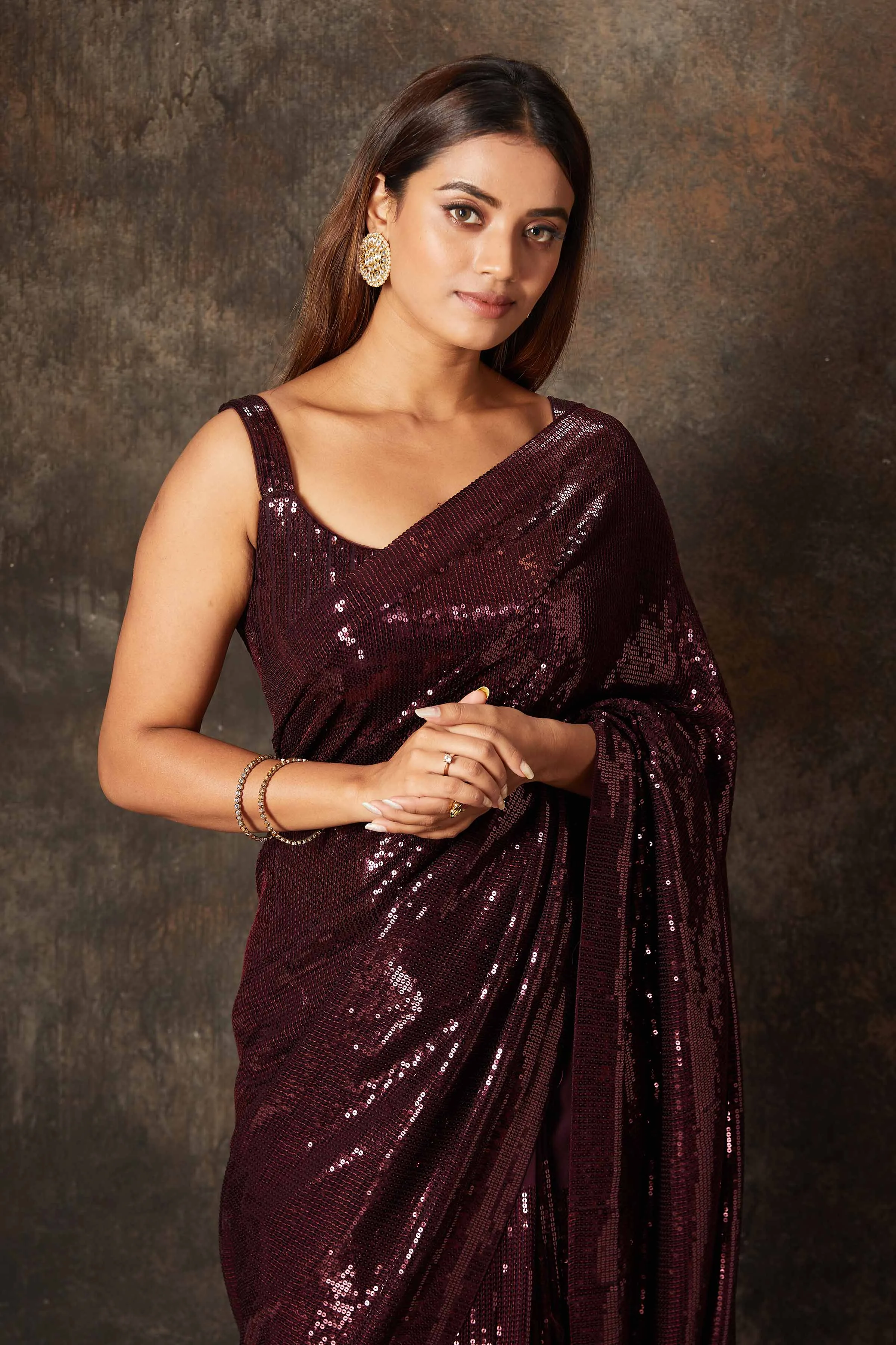 90N664-RO Wine Color Georgette Sequin Saree with Blouse