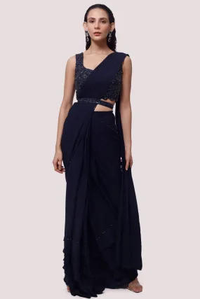 90Y026-RO Navy Blue Embellished Georgette Saree with Belt