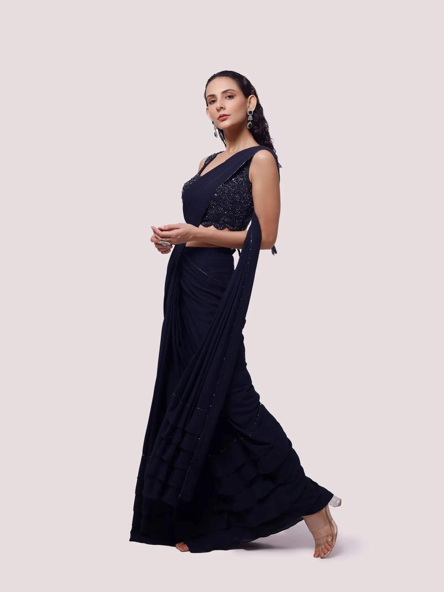 90Y026-RO Navy Blue Embellished Georgette Saree with Belt