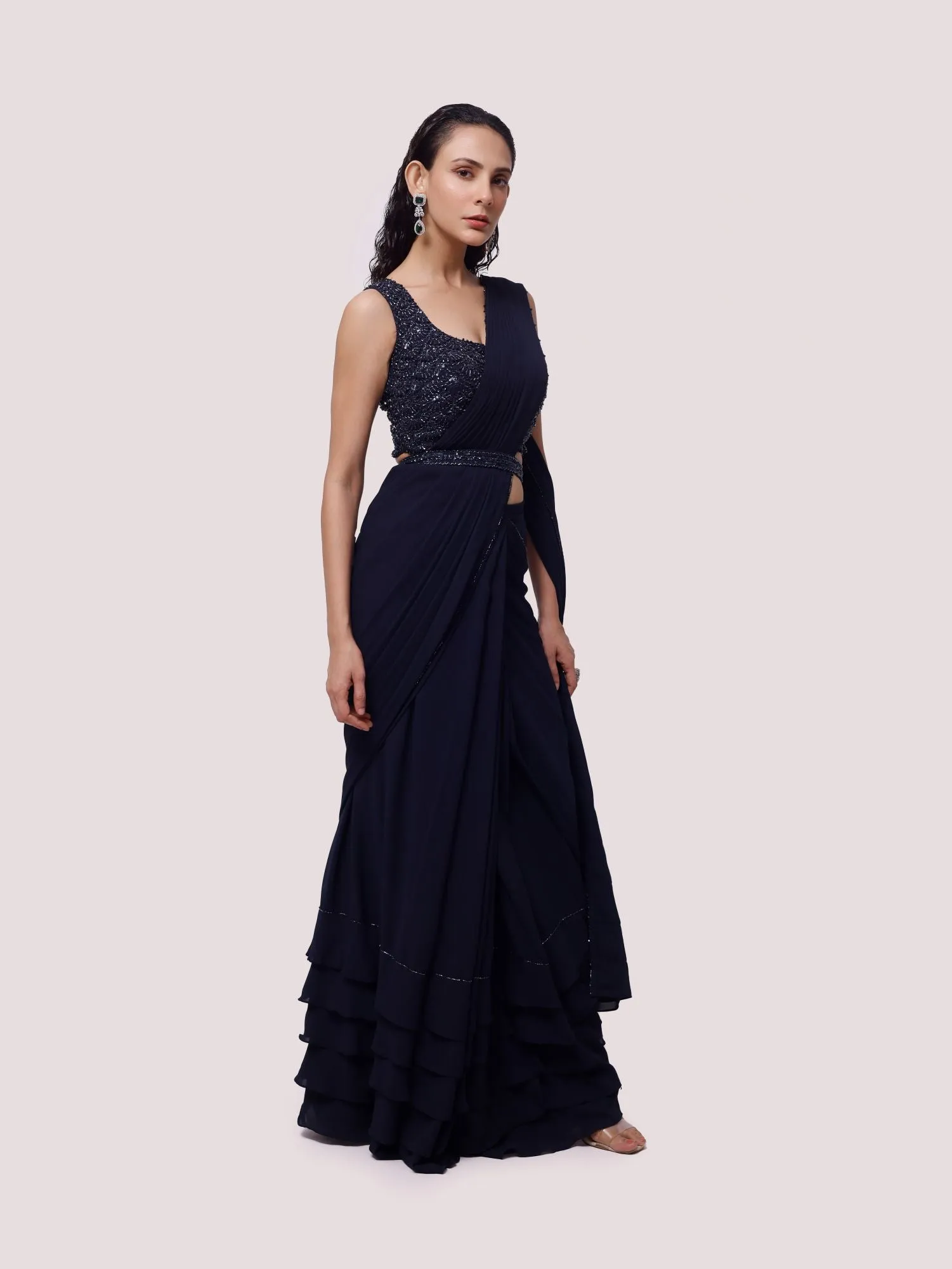 90Y026-RO Navy Blue Embellished Georgette Saree with Belt