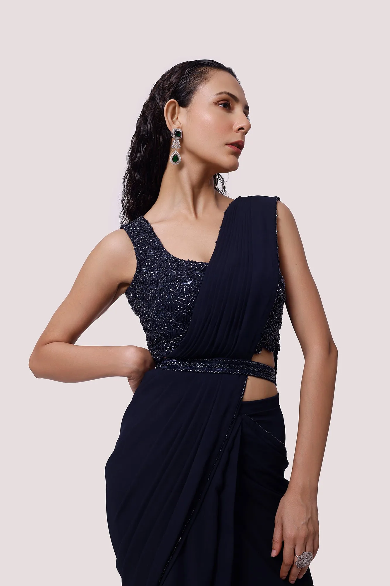 90Y026-RO Navy Blue Embellished Georgette Saree with Belt