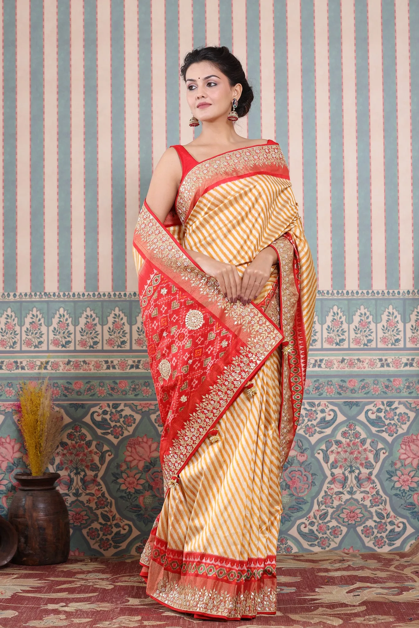 90Z597-RO Mustard and Cream Patola Silk Sari with Embroidered Border