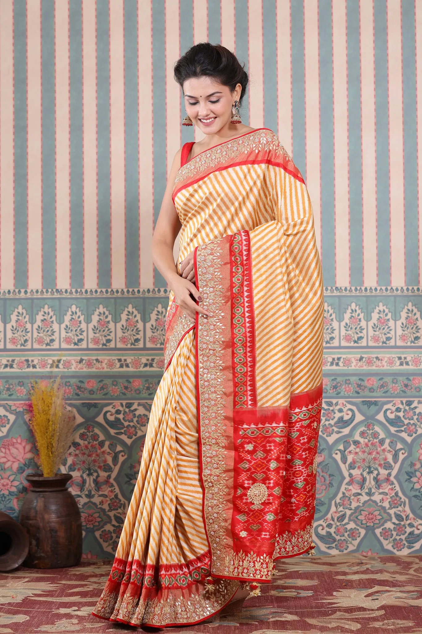 90Z597-RO Mustard and Cream Patola Silk Sari with Embroidered Border