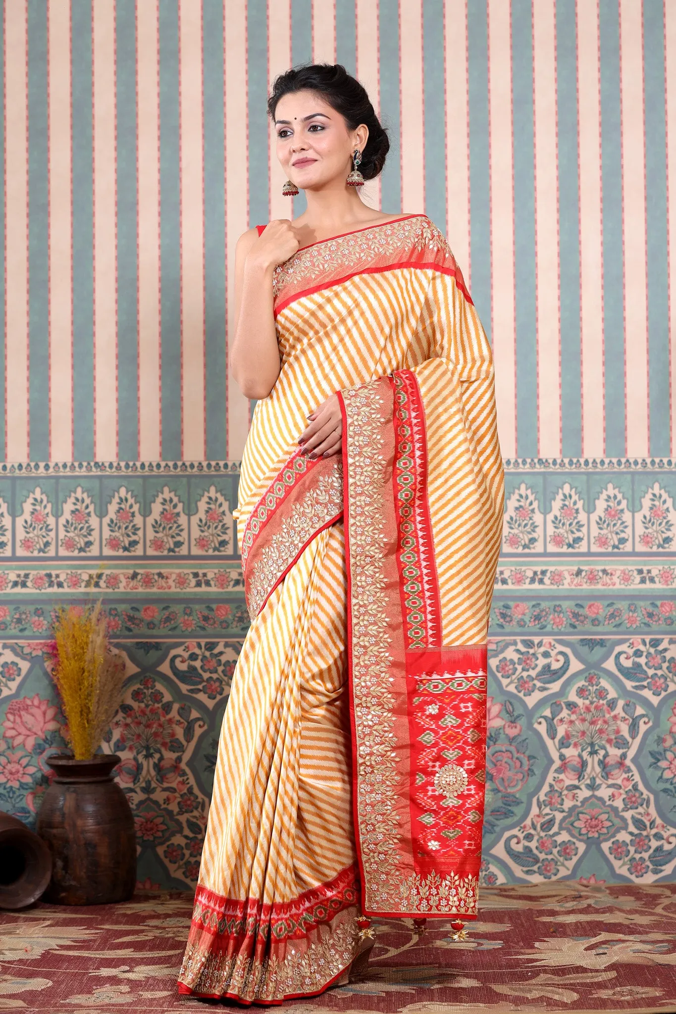 90Z597-RO Mustard and Cream Patola Silk Sari with Embroidered Border