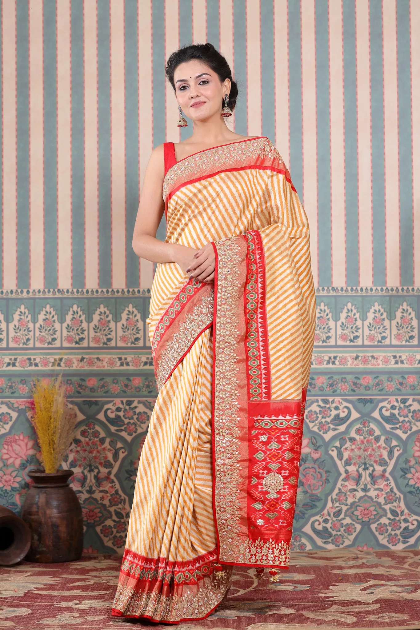 90Z597-RO Mustard and Cream Patola Silk Sari with Embroidered Border