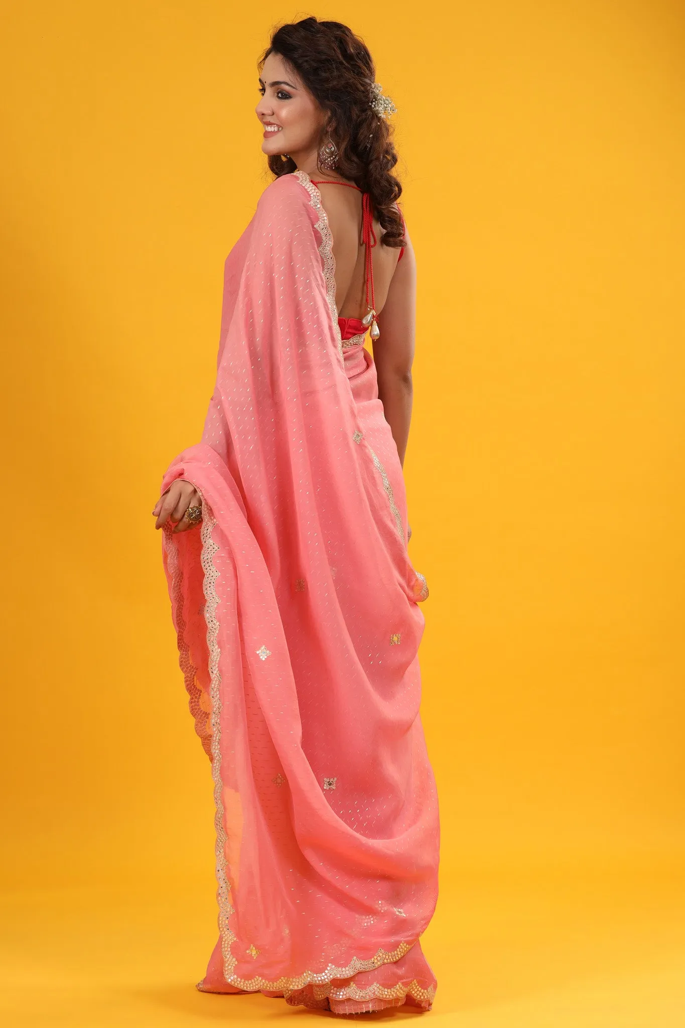 90Z665-RO Pink Organza Saree with Embroidered Scalloped Border