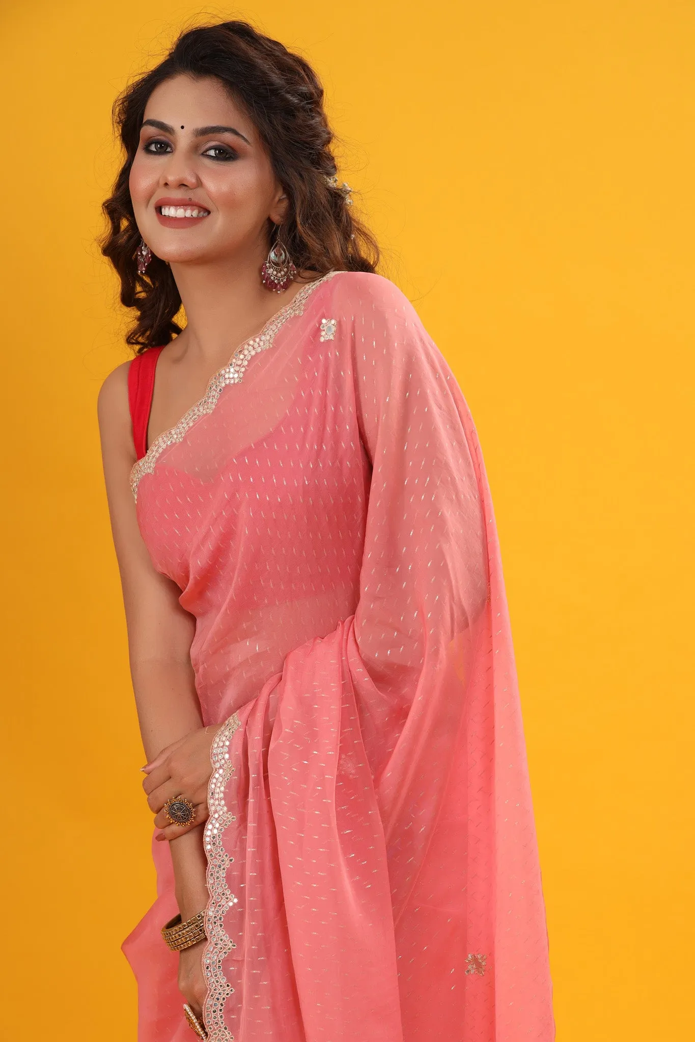 90Z665-RO Pink Organza Saree with Embroidered Scalloped Border