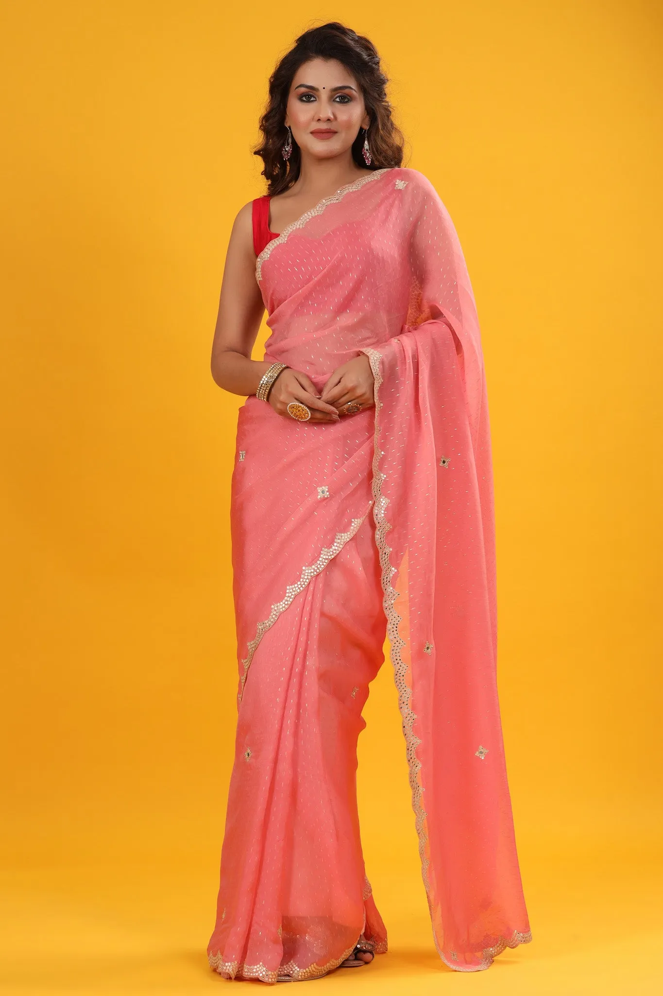 90Z665-RO Pink Organza Saree with Embroidered Scalloped Border