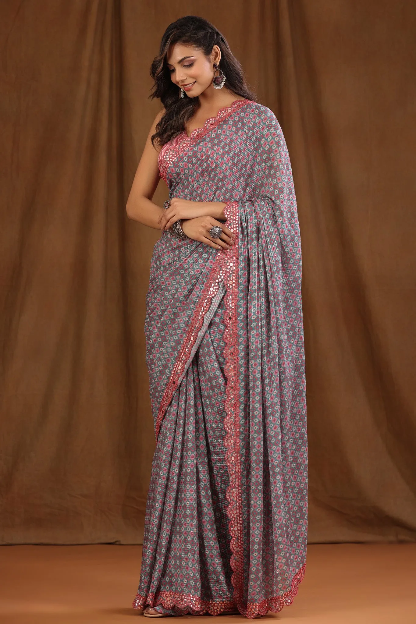 90Z695-RO Green Printed Georgette Sari with Pink Scalloped Border