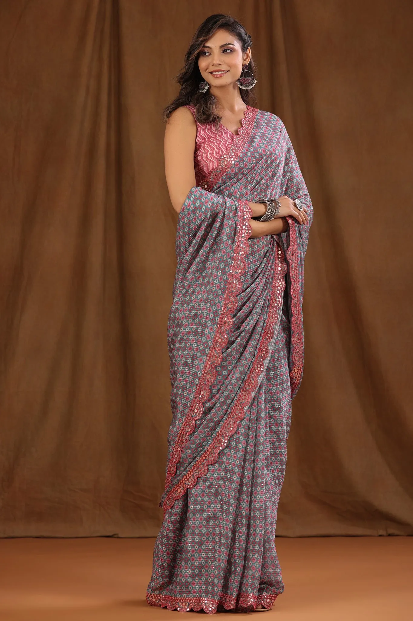 90Z695-RO Green Printed Georgette Sari with Pink Scalloped Border