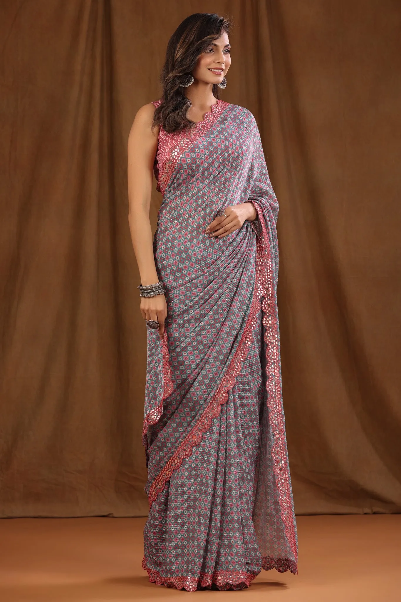 90Z695-RO Green Printed Georgette Sari with Pink Scalloped Border