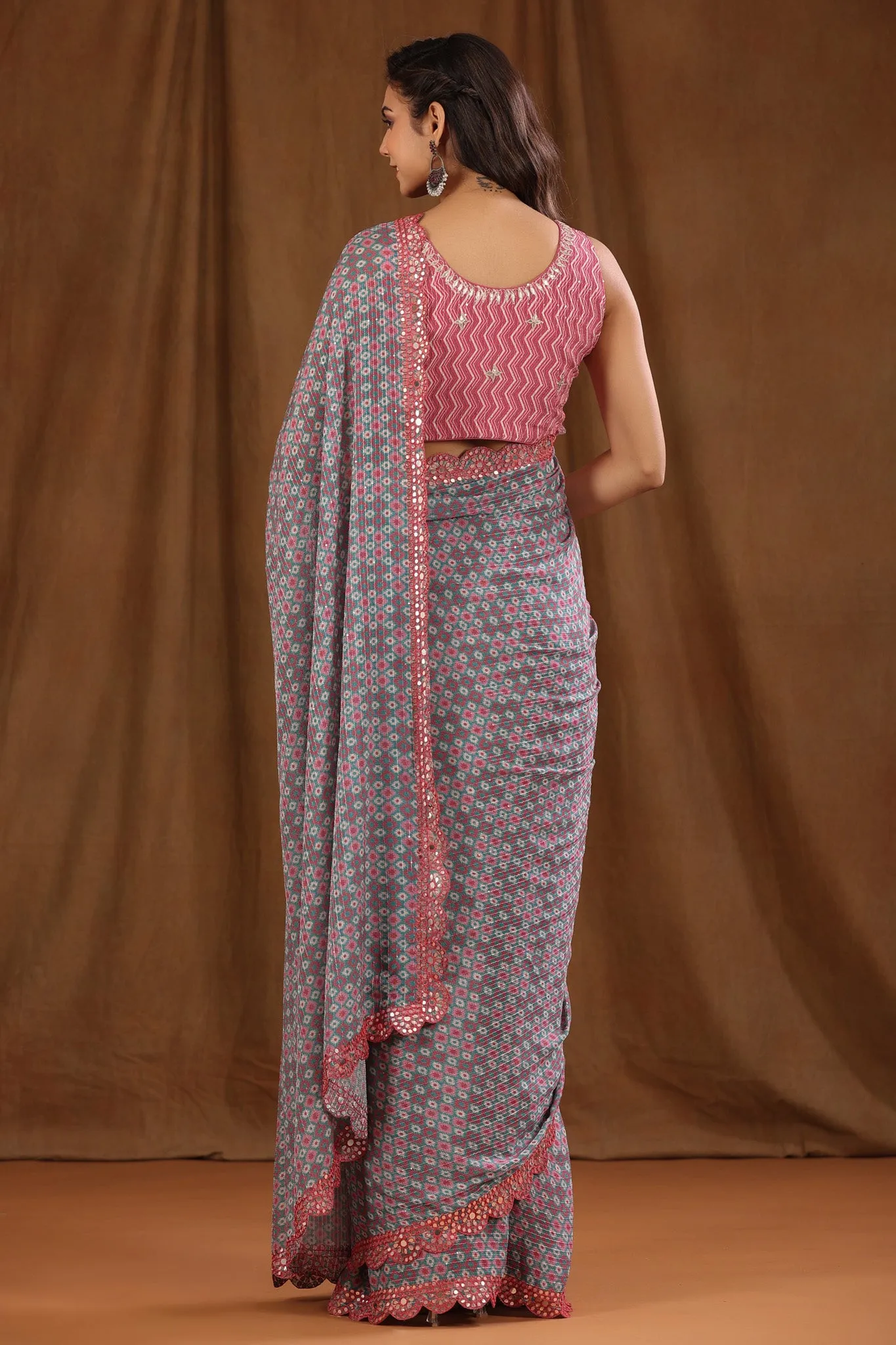 90Z695-RO Green Printed Georgette Sari with Pink Scalloped Border