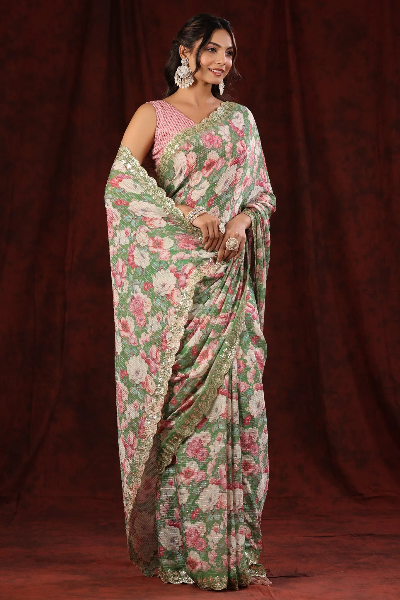 90Z708-NRO Light Green Floral Crepe Saree with Embroidered Border