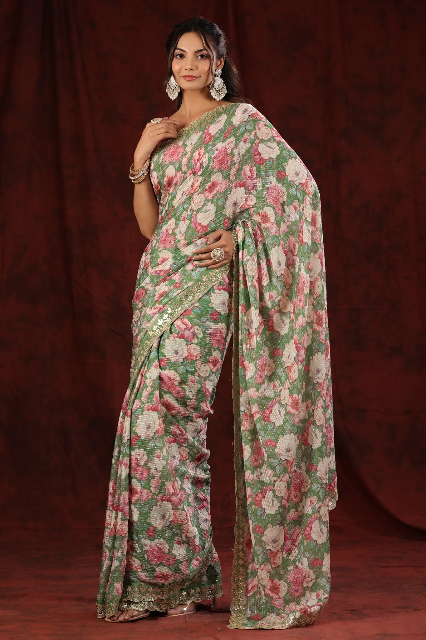 90Z708-NRO Light Green Floral Crepe Saree with Embroidered Border