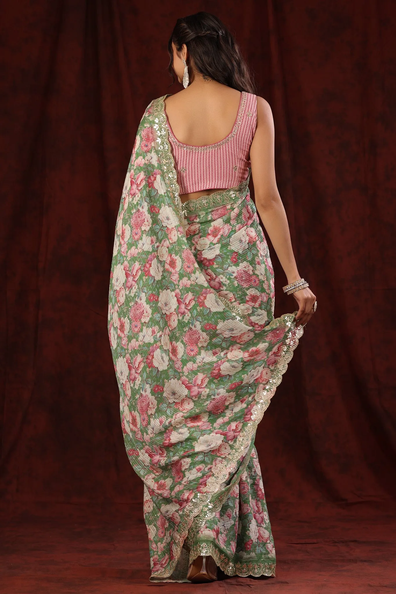 90Z708-NRO Light Green Floral Crepe Saree with Embroidered Border