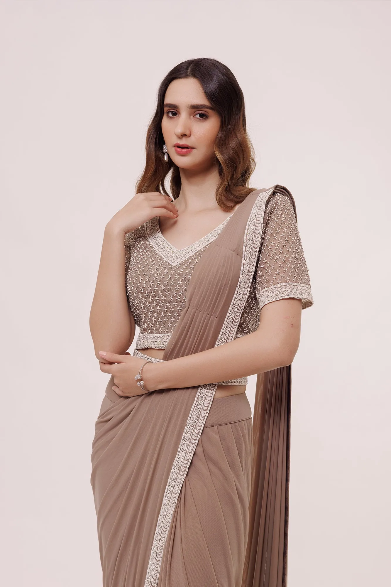 90Z869-RO Light Brown Lycra Net Drape Saree Set