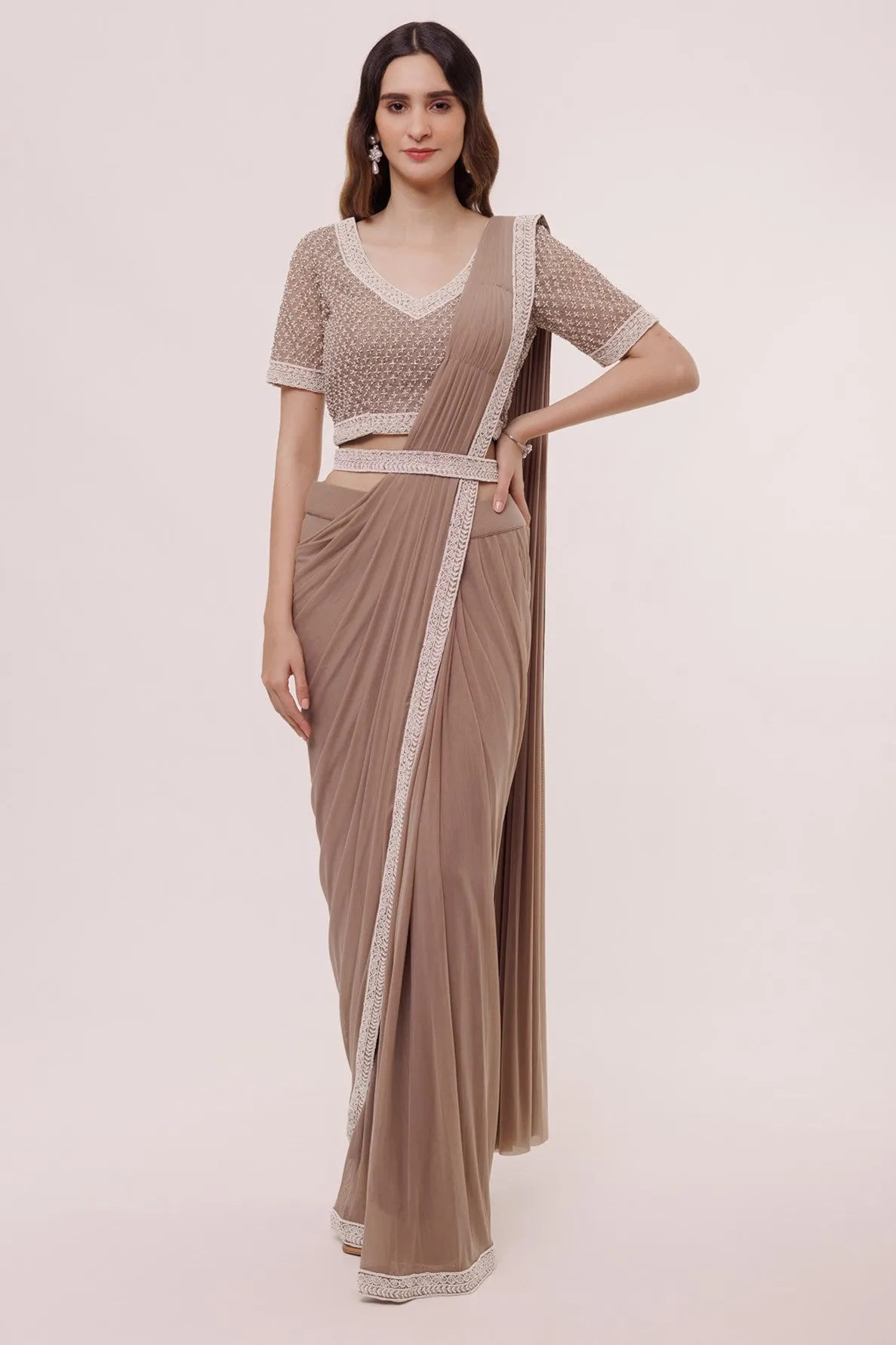 90Z869-RO Light Brown Lycra Net Drape Saree Set