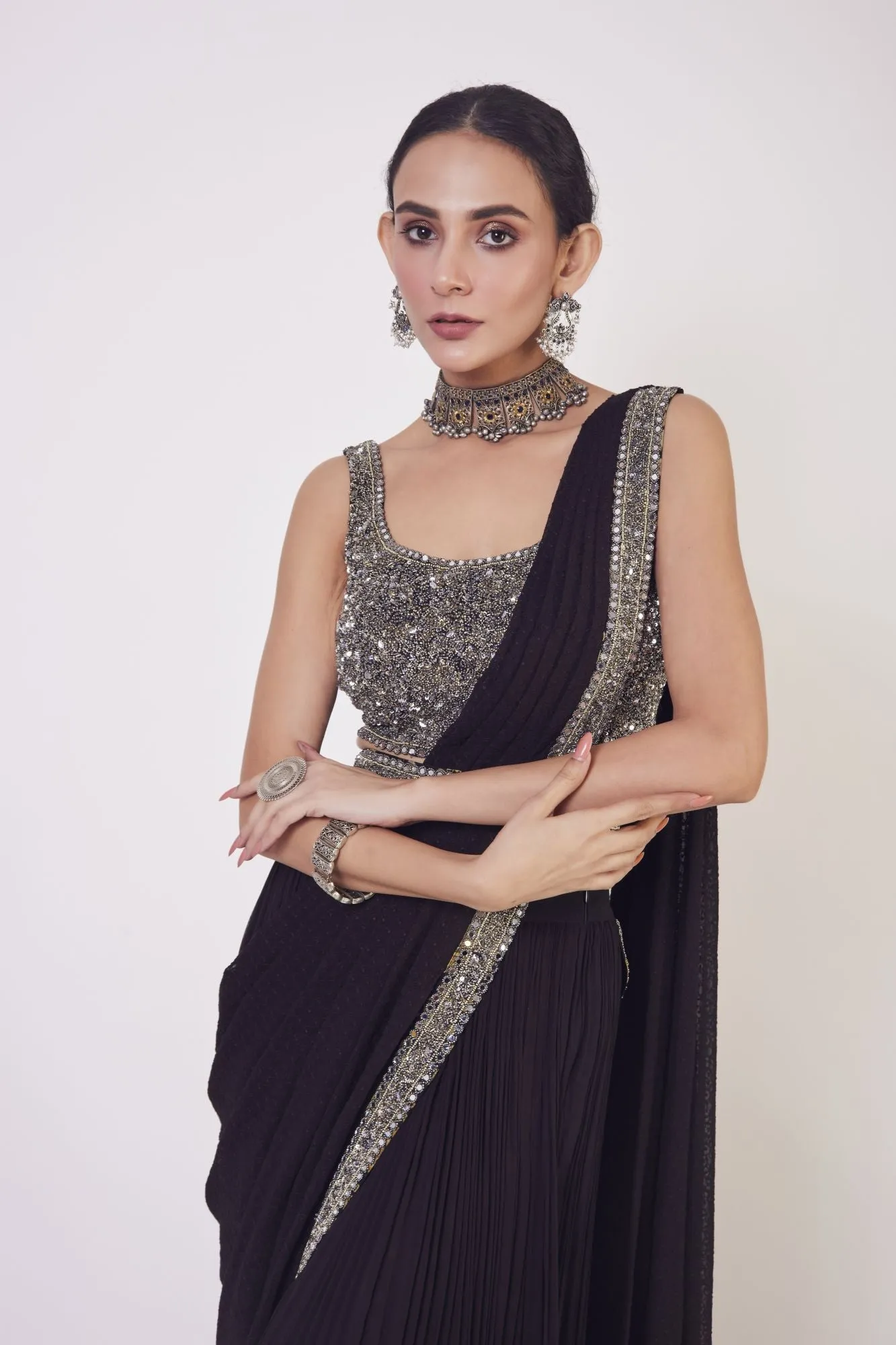 90Z927-RO Black Georgette With Mirror Work