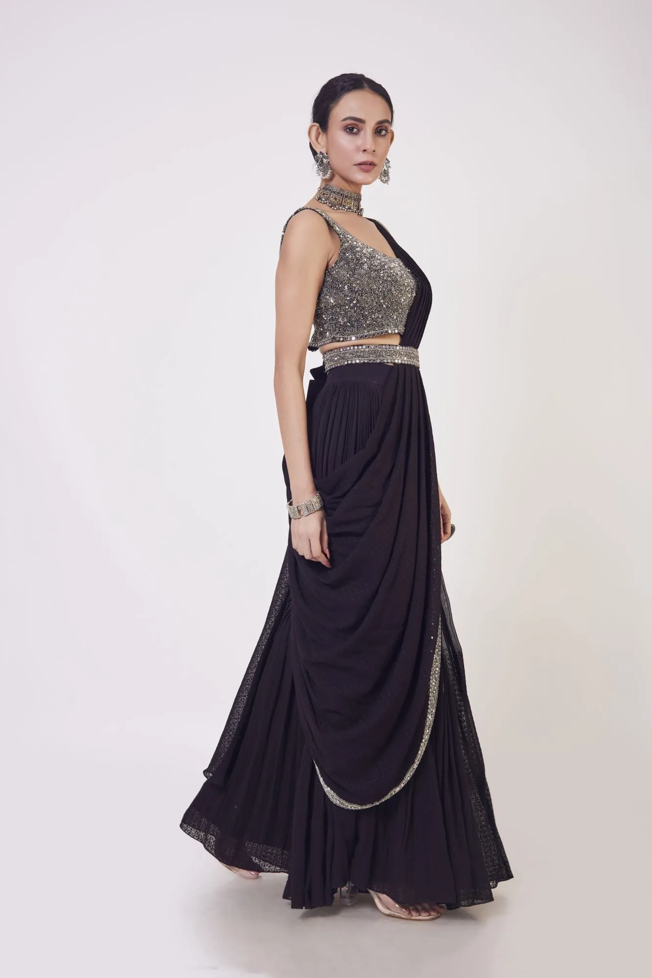 90Z927-RO Black Georgette With Mirror Work