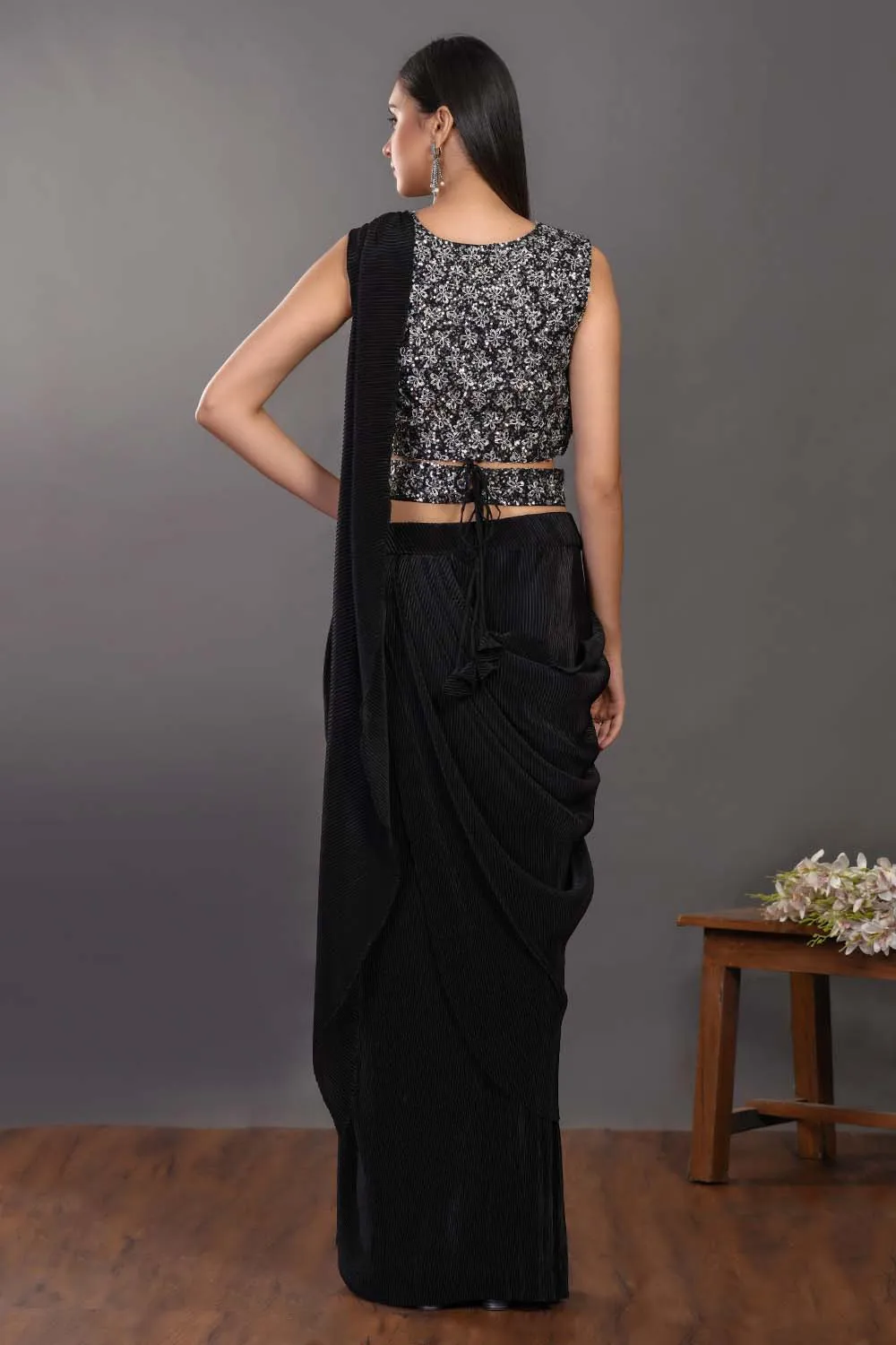 90Z959-RO Gorgeous Black Pre Stiched Saree With Designer Blouse